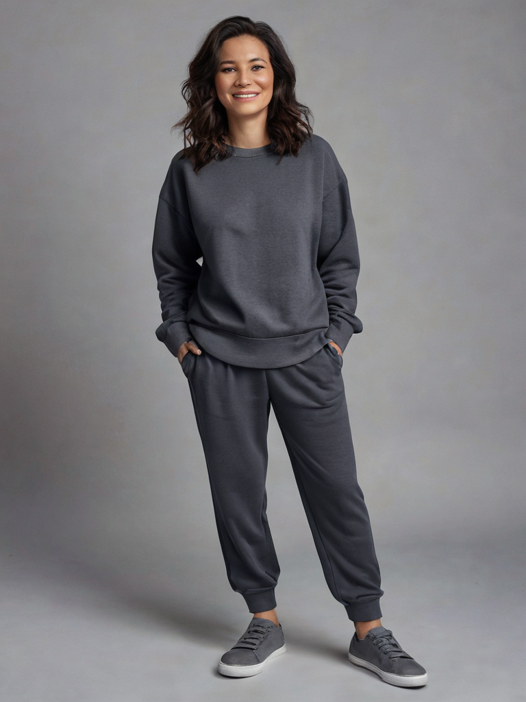 Original example: the same adult woman wearing a gray casual outfit