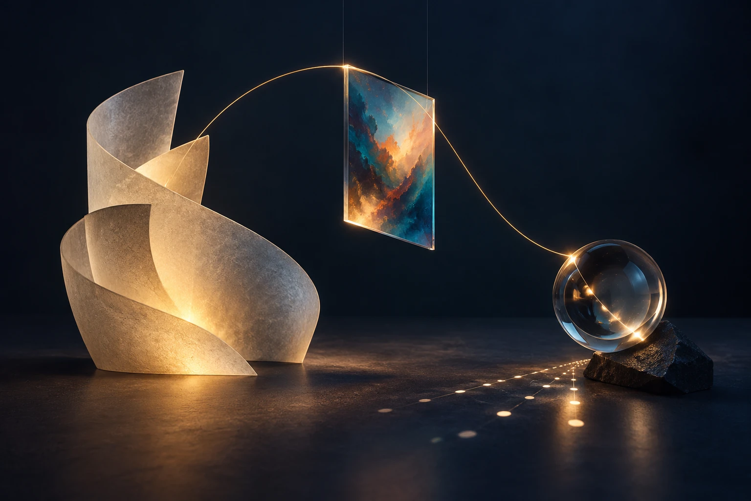 Conceptual warm amber and ivory forms connected across conversation, creation and inquiry